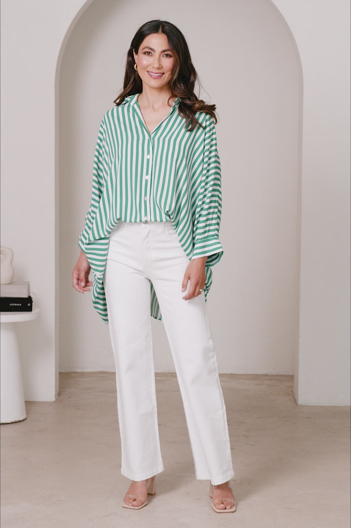 Francesca Striped Relaxed Shirt Emerald & White product video by Carolina