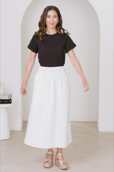 Brooke Smocked Waist Midi A-Line Skirt White product video by Carolina