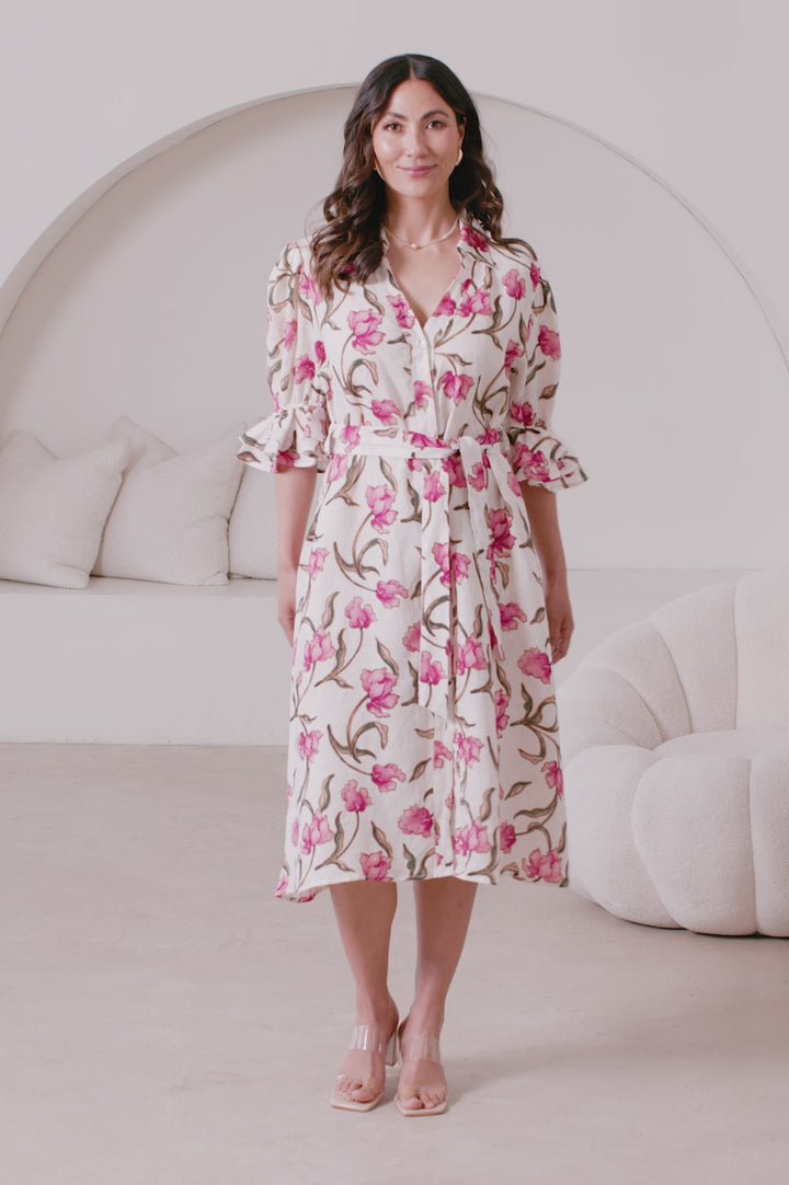 Cristina Floral Mid Sleeve Collared Linen Midi Dress product video by Carolina