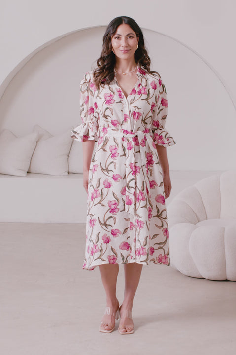 Cristina Floral Mid Sleeve Collared Linen Midi Dress product video by Carolina