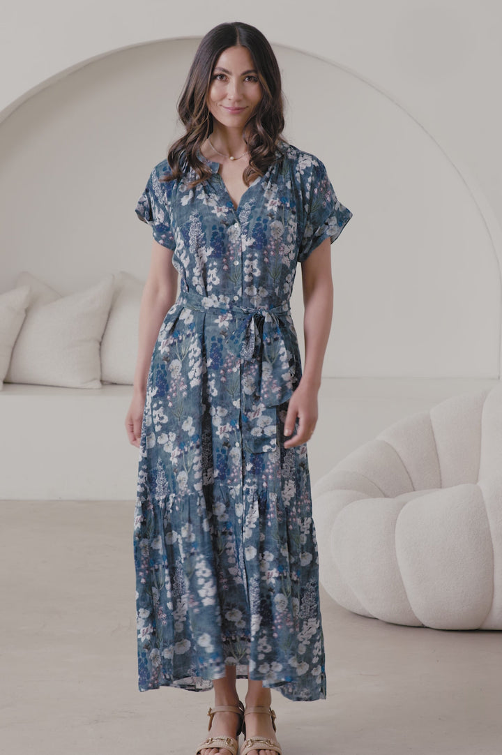 Lissy Floral Print Short Sleeve Tiered Maxi Dress Slate Blue product video by Carolina