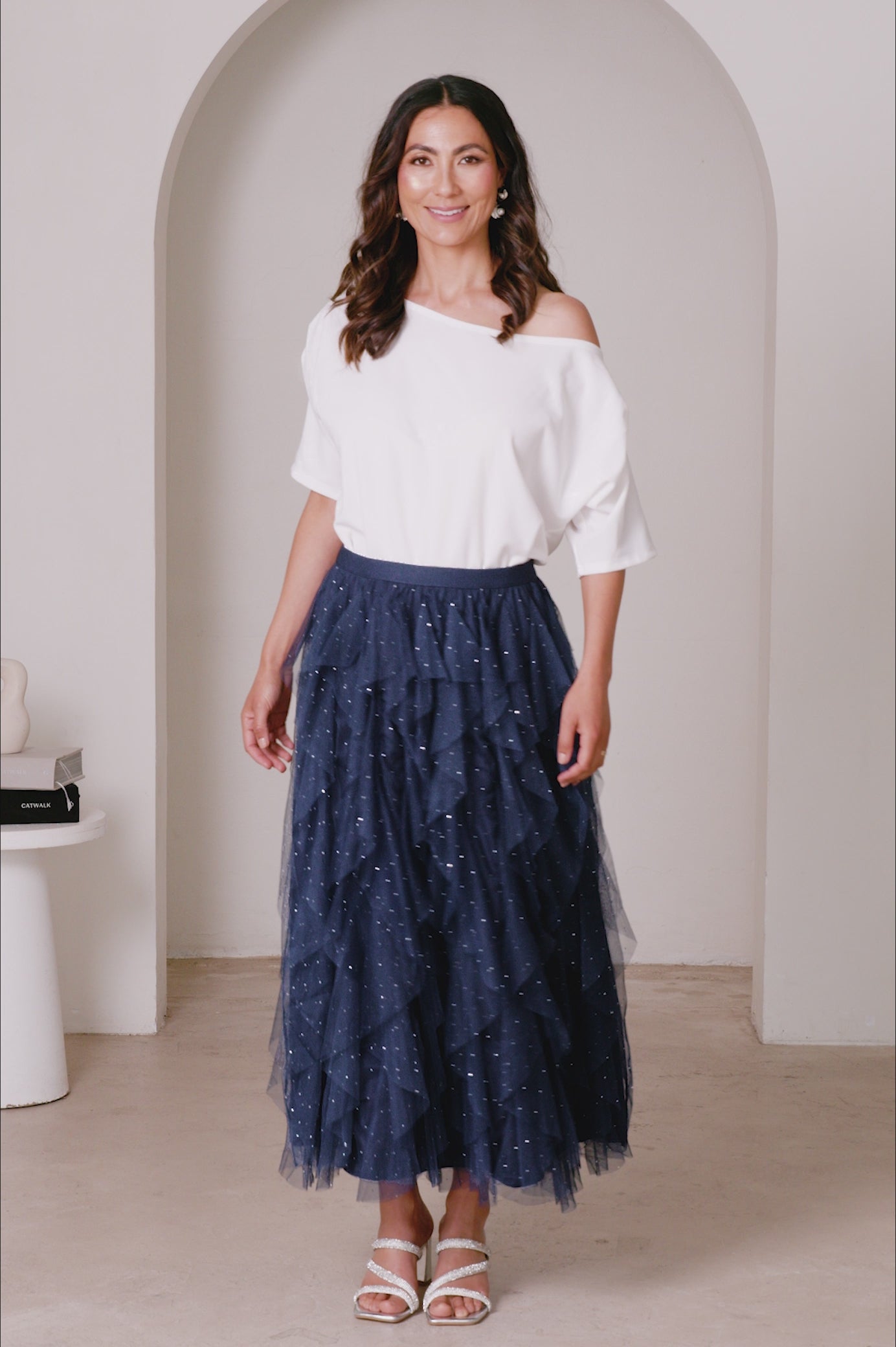 Isabella Asymmetrical Ruffle Tulle Maxi Skirt Navy product video by Carolina