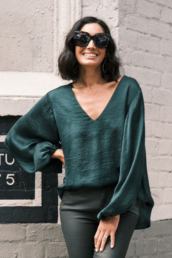 Sovana V-Neck Long Sleeve Top Forest Green Tops