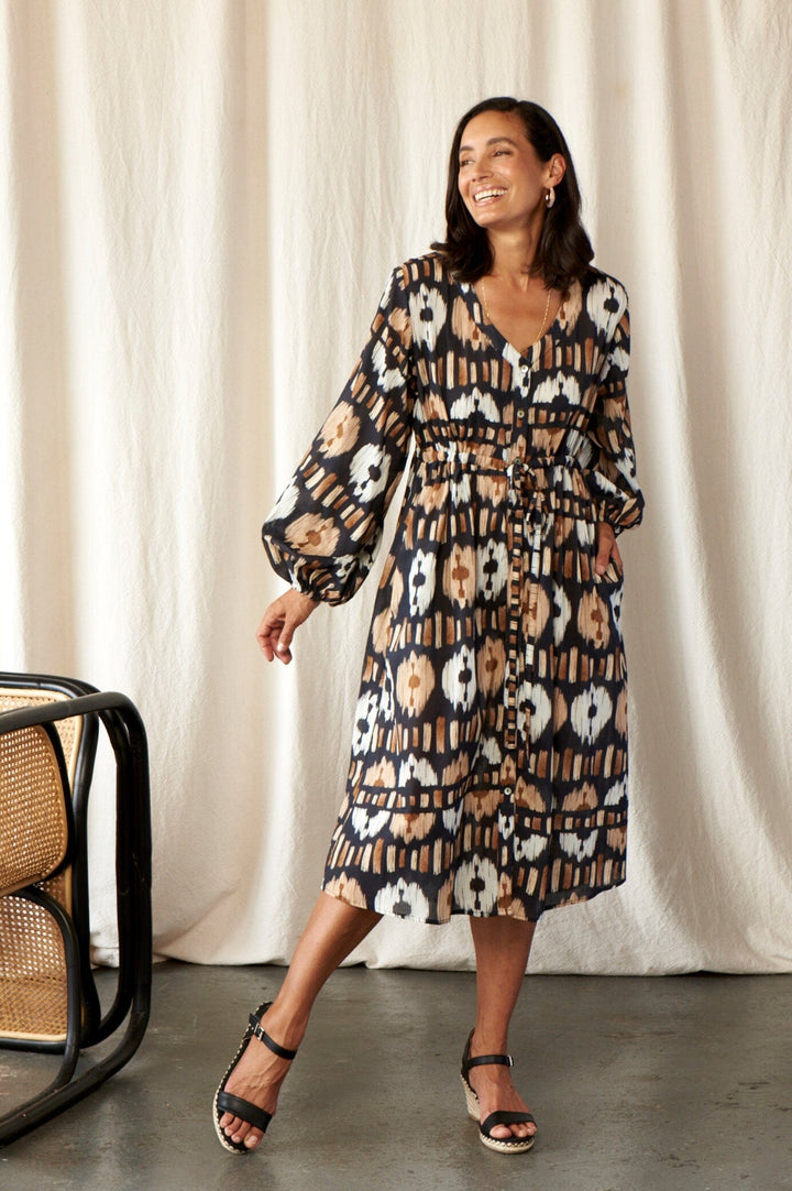 Tyla Print Dress Black and Camel Dress