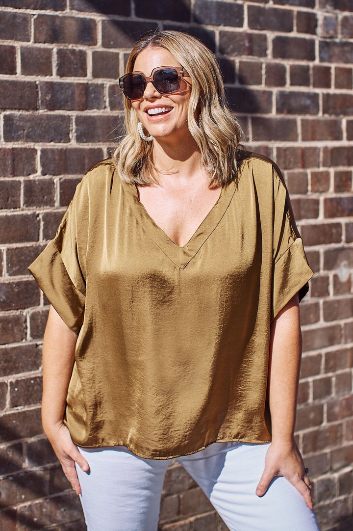 Bianca Short Sleeve Top Khaki with V Neck Tops