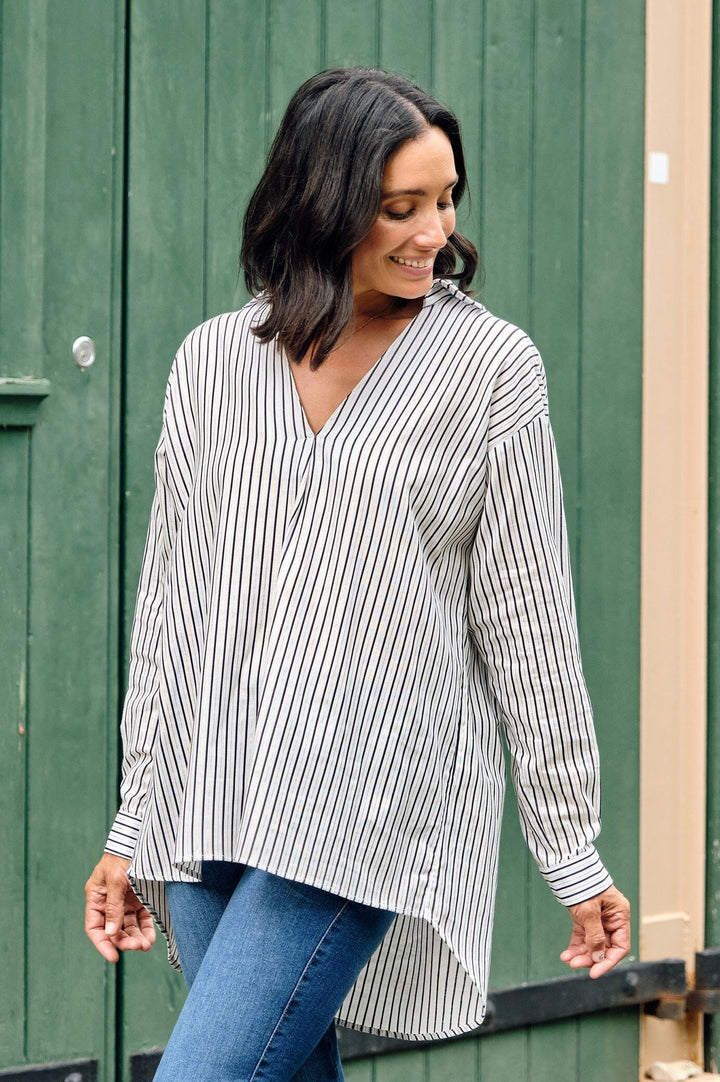 Lynette Collared Long Sleeve Shirt Striped Navy with Lurex Tops