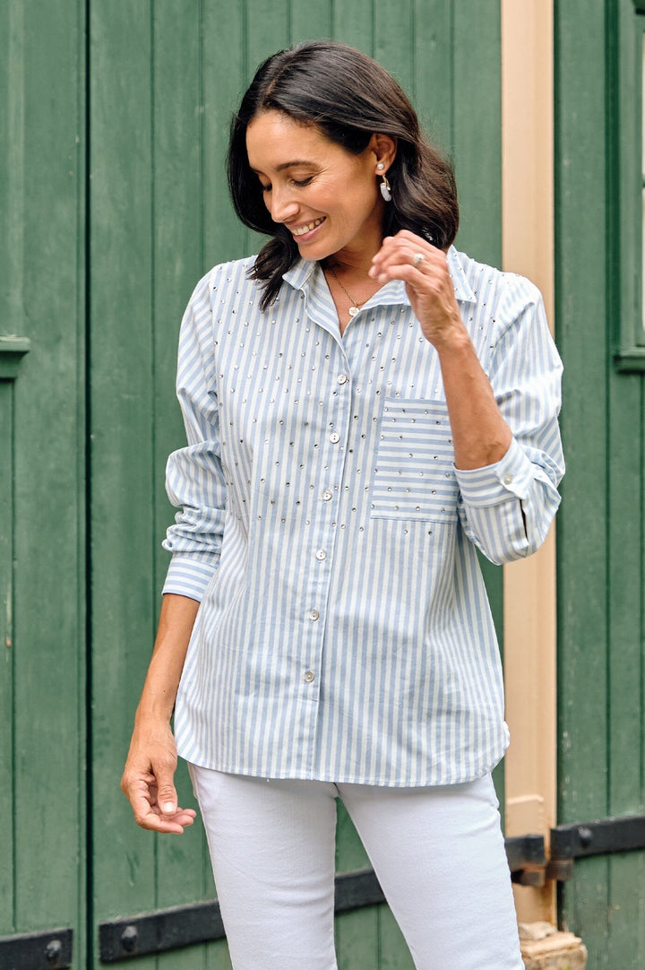 Renata Blue Striped Collared Shirt Tops