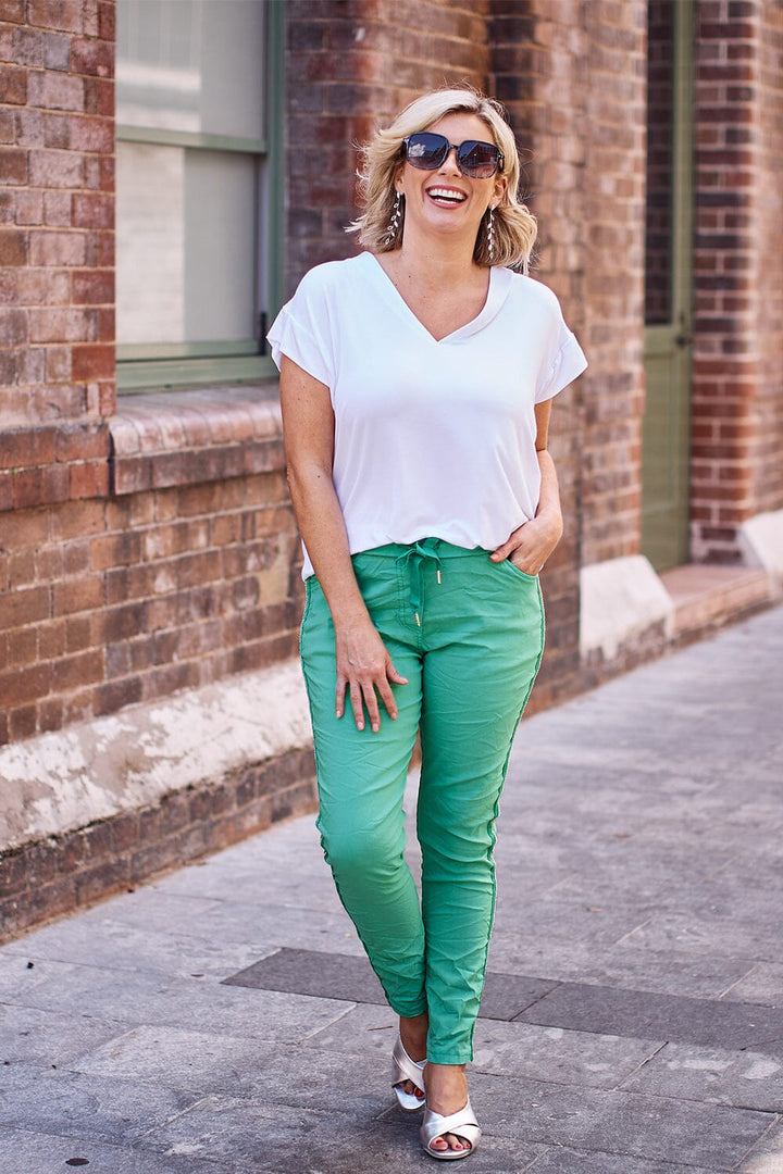 Rhinestone Side Stripe Crinkle Jogger Lime Green Pants