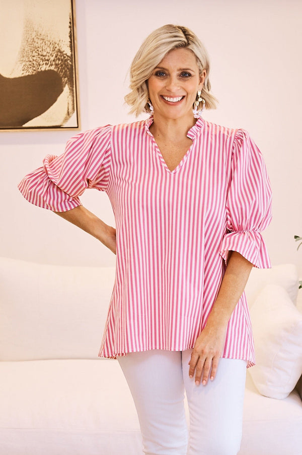 Alessandra Short Sleeve Striped Top Pink Tops