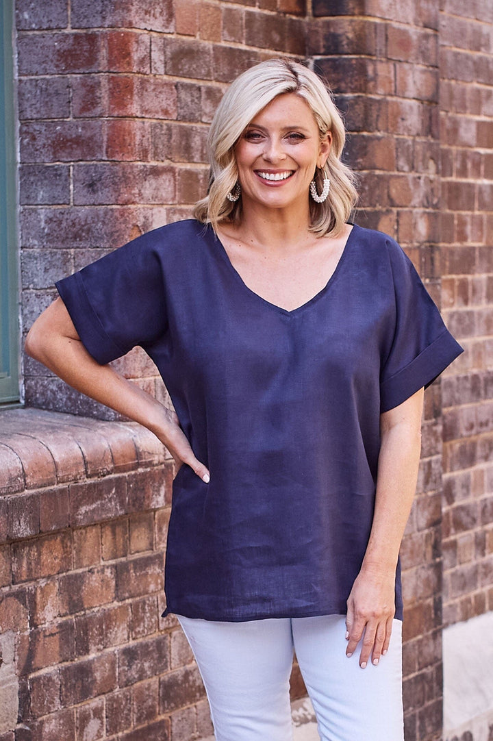 Jessica Pure Linen V-Neck Top Navy Tops