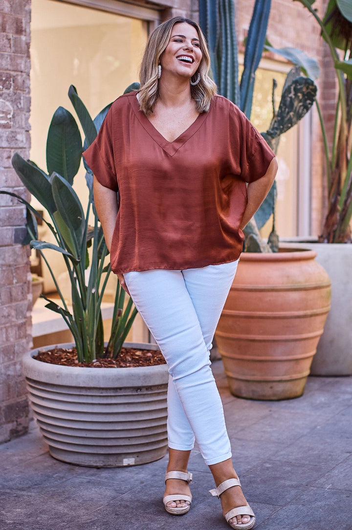 Bianca Short Sleeve Top Rust with V Neck Tops