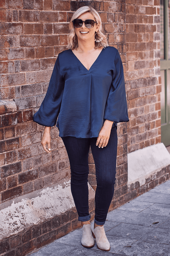 Charlotte V-Neck Long Sleeve Top Navy Tops