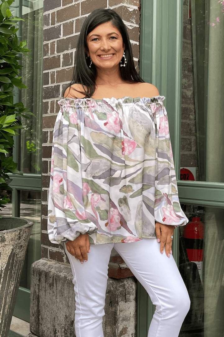 Xenia Off Shoulder Long Sleeve Top Serenity Print Tops