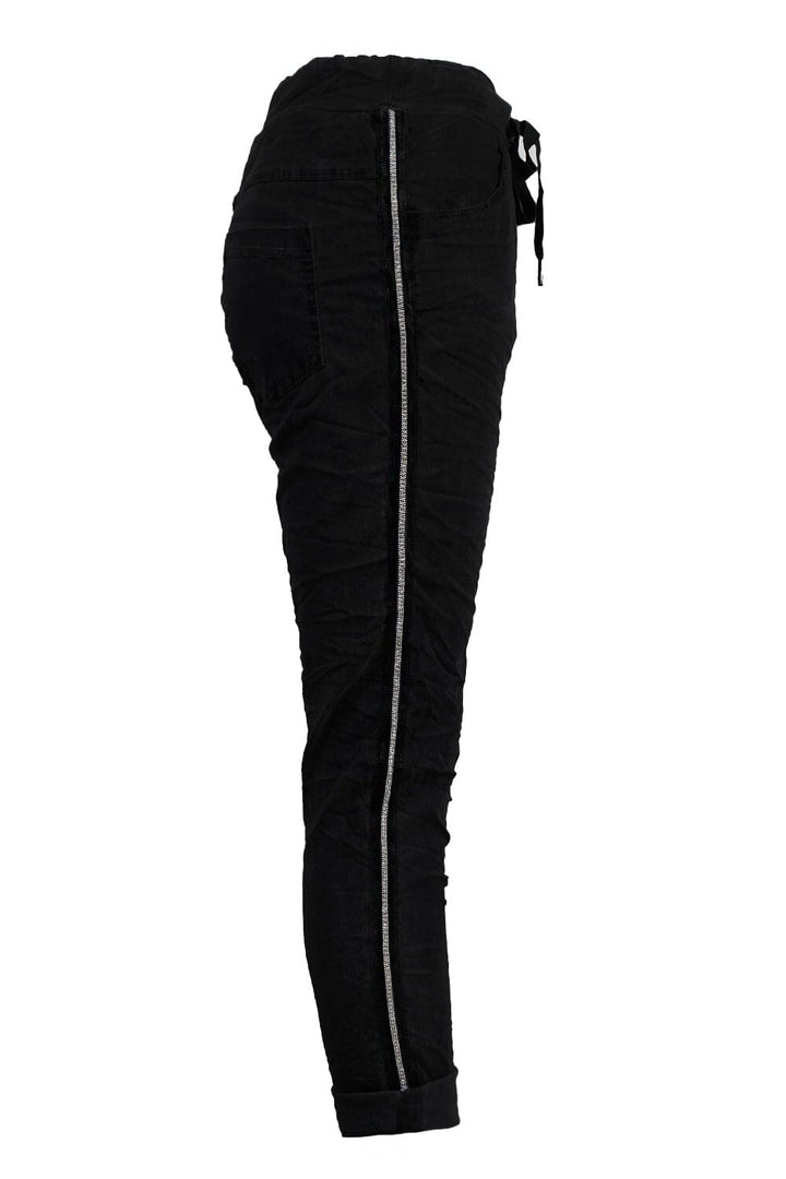 Rhinestone Side Stripe Crinkle Jogger Black Pants