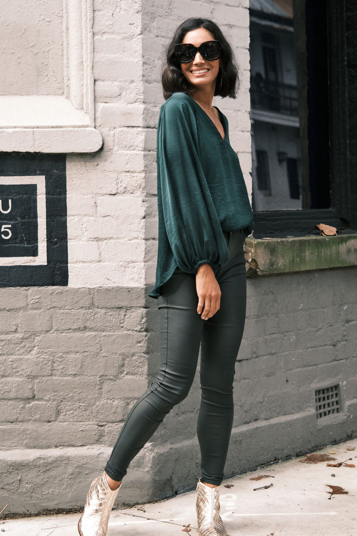 Sovana V-Neck Long Sleeve Top Forest Green Tops