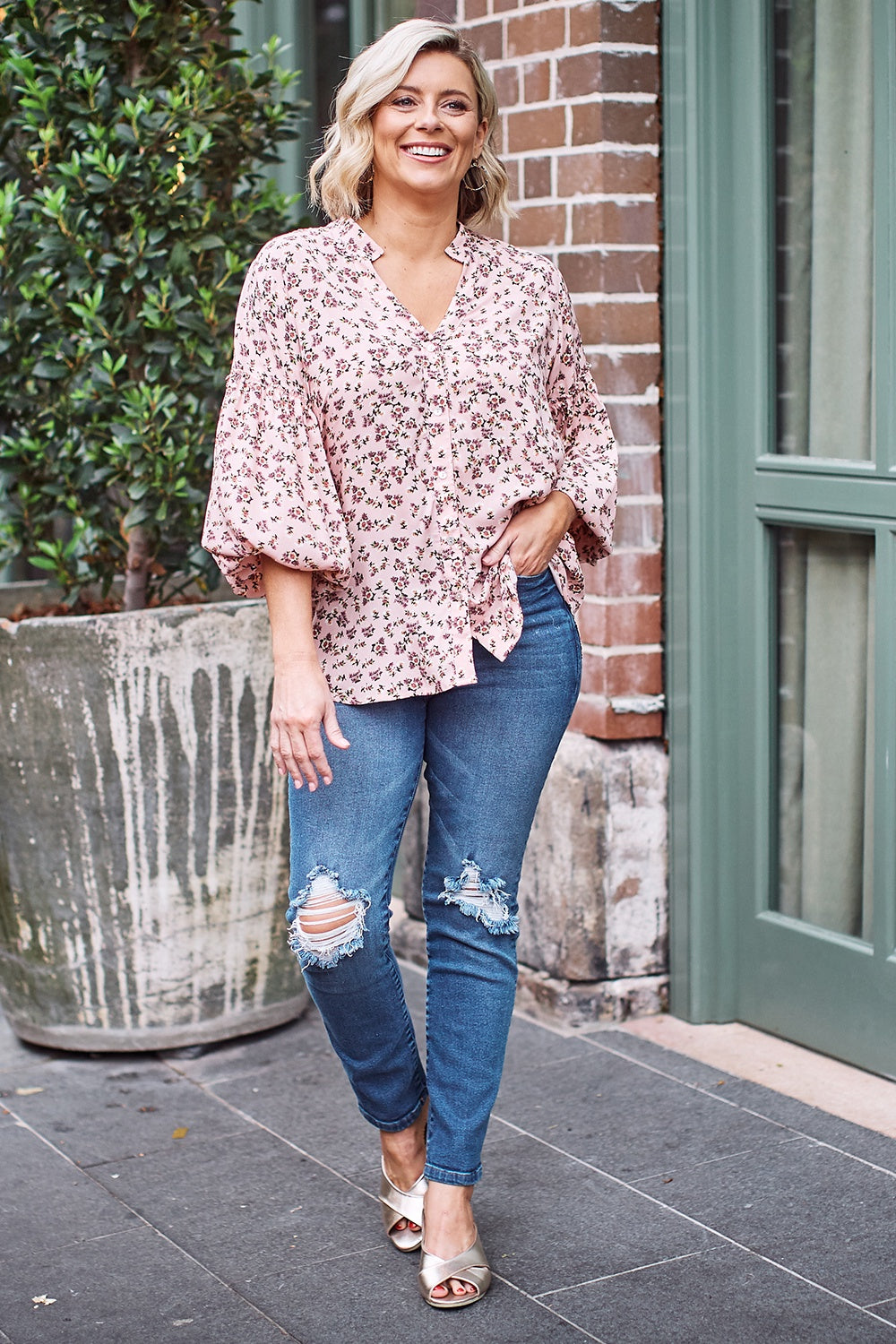 Valletta Floral Long Sleeve Top Blush Tops