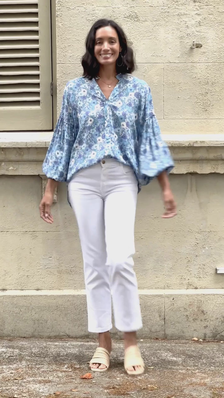 Dana Floral Long Sleeve Top Blue Tops